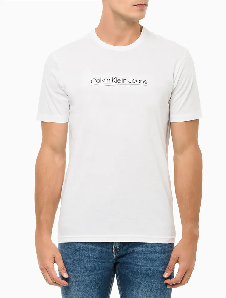 -32% OFF Camiseta Masculina de Algodão Slim Estampa Centro Cidades Calvin Klein Jeans Branco Ggg