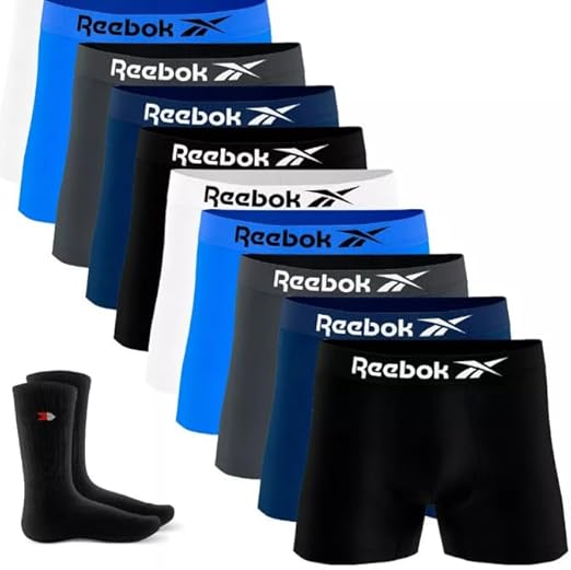 -9% Kit 9 Cuecas Boxer Reebok Masculinas Microfibra Adulto Box Sem Costura+ 2 Meias
