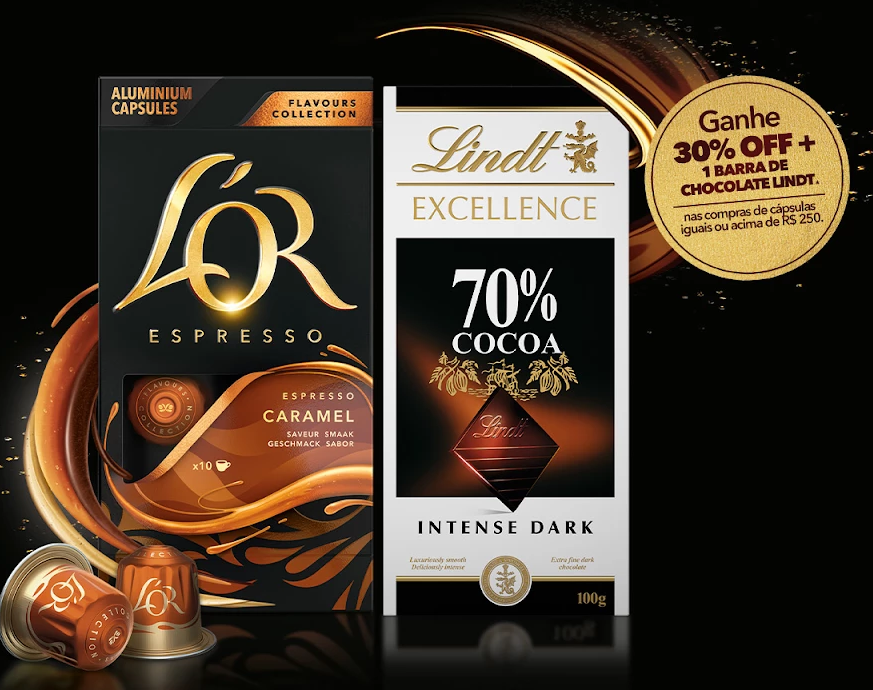 GANHE 30% OFF  EM TODAS AS CÁPSULAS  +1 CHOCOLATES LINDT  NAS COMPRAS ACIMA DE R$ 250,00